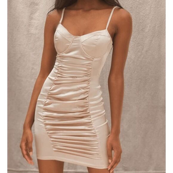 Lulus A Lot of Allure Champagne Satin Ruched Bustier Bodycon Dress Size Small - Picture 1 of 13